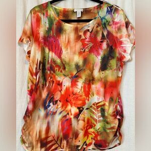 Chicos size 2 floral embellished tshirt short sleeve yellow orange red